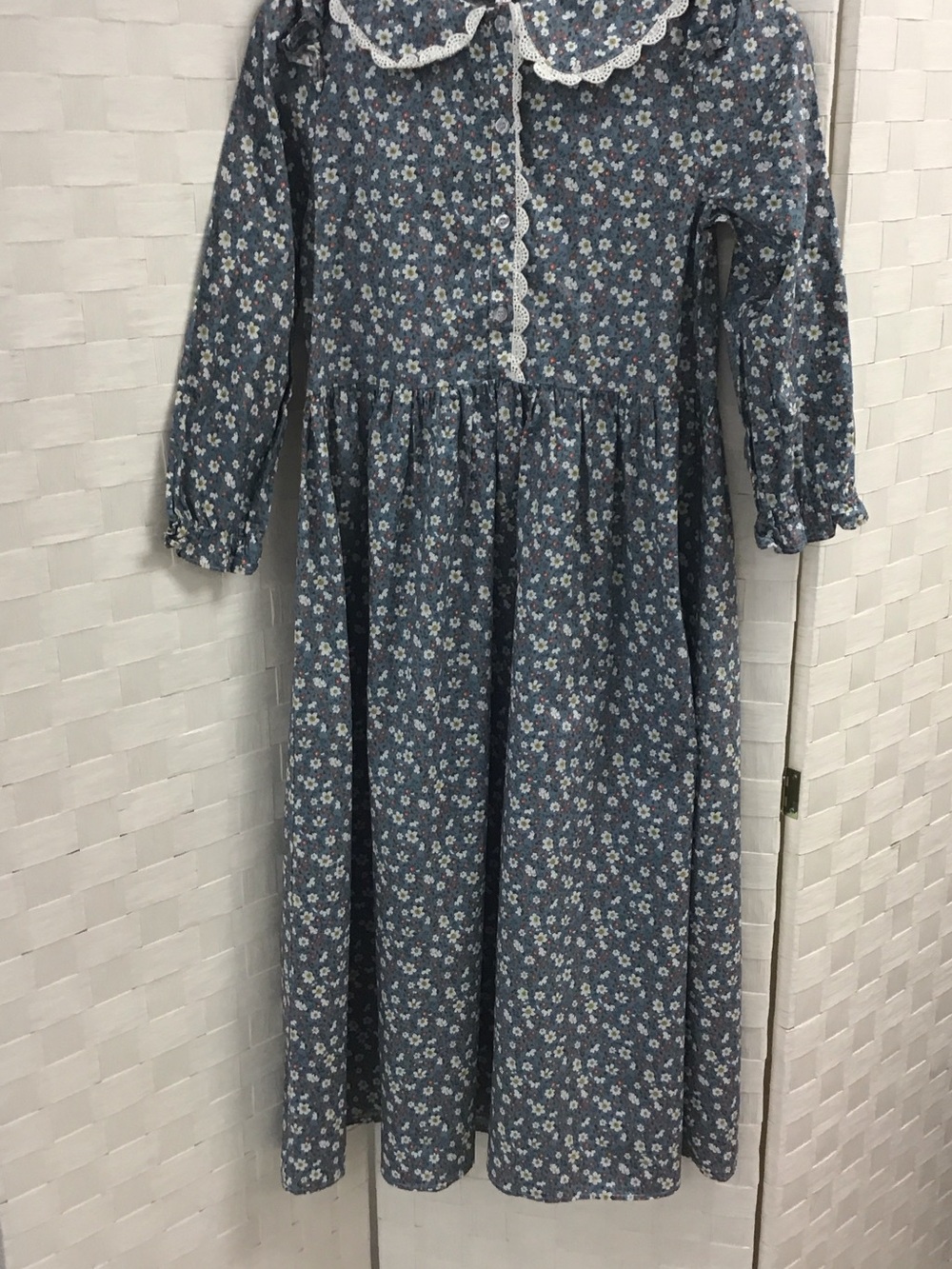 Blue Floral Long-Sleeve Girls' Dress with Lace Peter Pan Collar